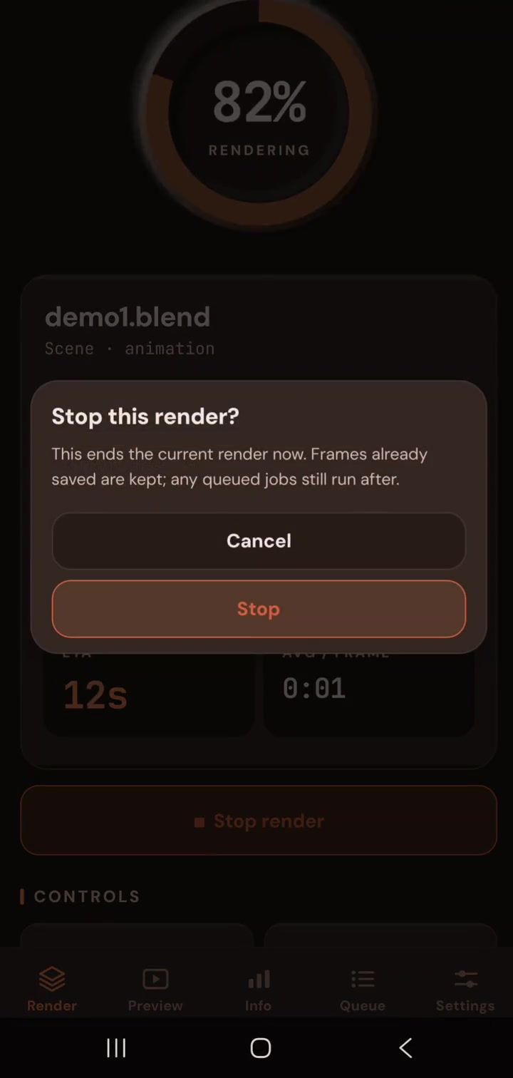 Render Control showing the Stop this render confirmation dialog