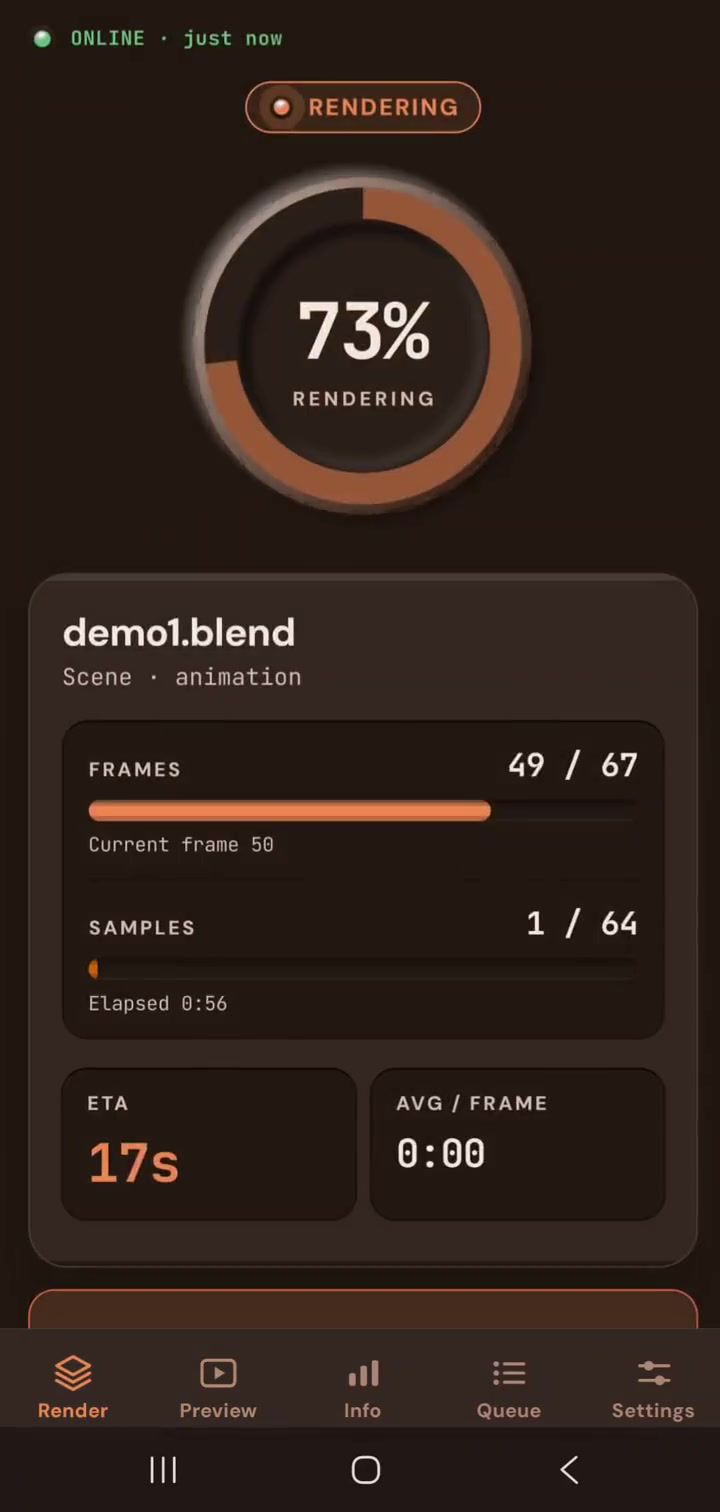 Render Control showing 73 percent complete, 49 of 67 frames and a 17 second ETA