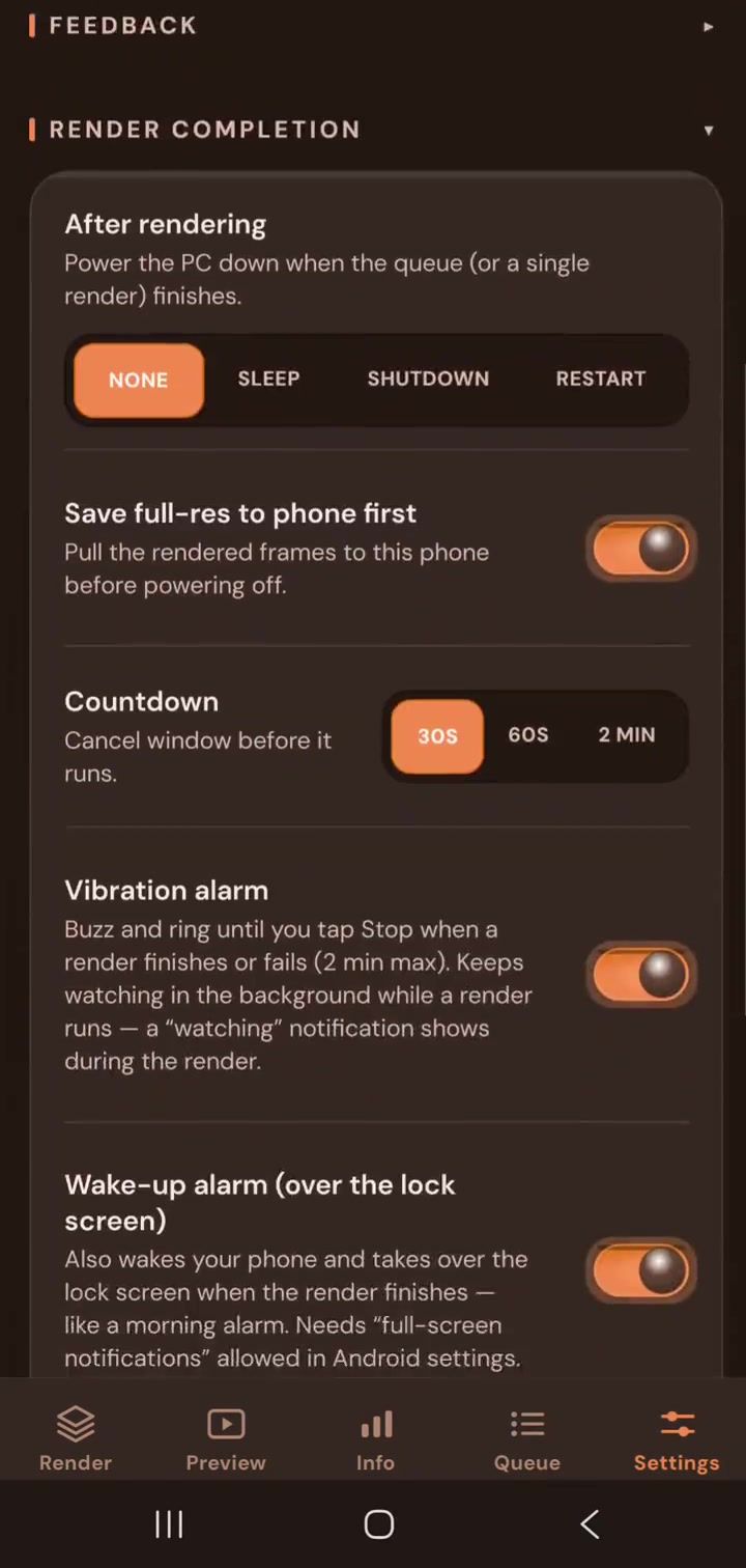 Render Control settings showing after-render power actions, save to phone and countdown options
