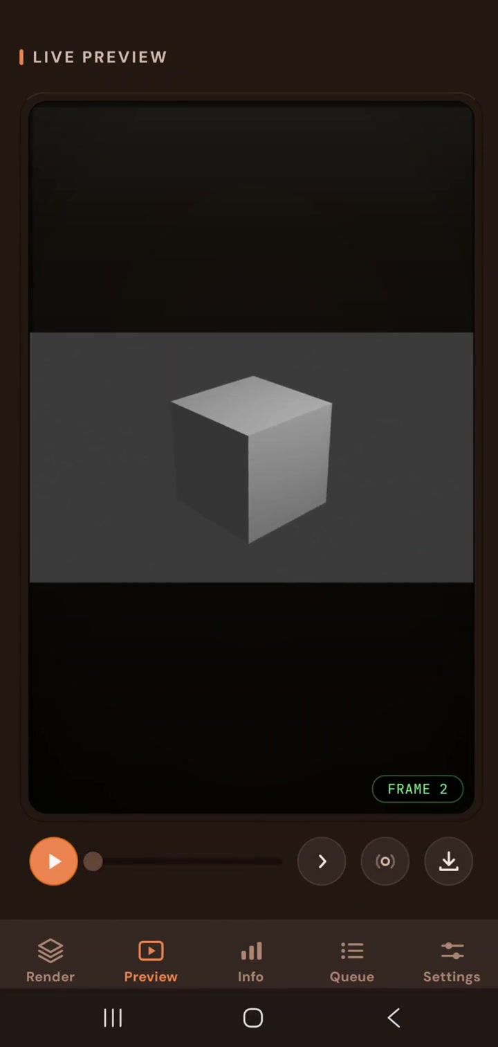 Render Control preview showing the rendered cube and the frame navigation controls
