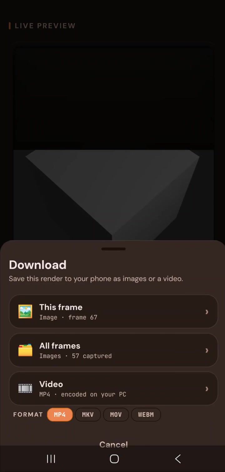 Render Control download sheet offering This frame, All frames and Video